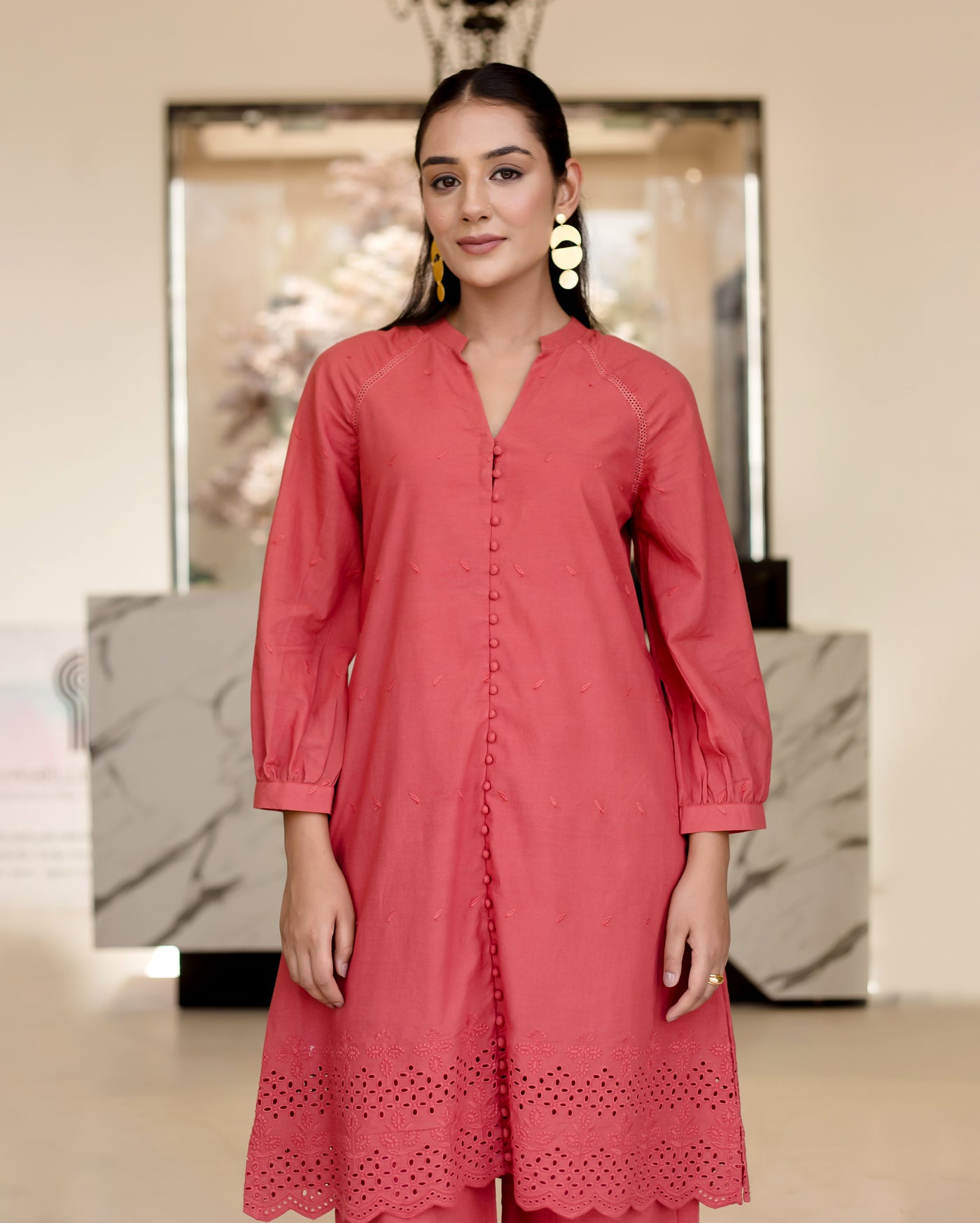 Poppies Red Solid Cotton Schiffli Coord Set