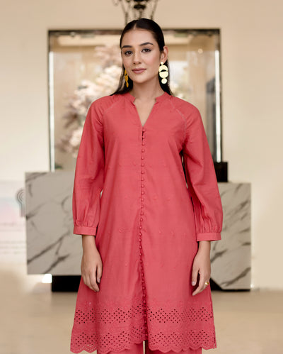 Poppies Red Solid Cotton Schiffli Coord Set