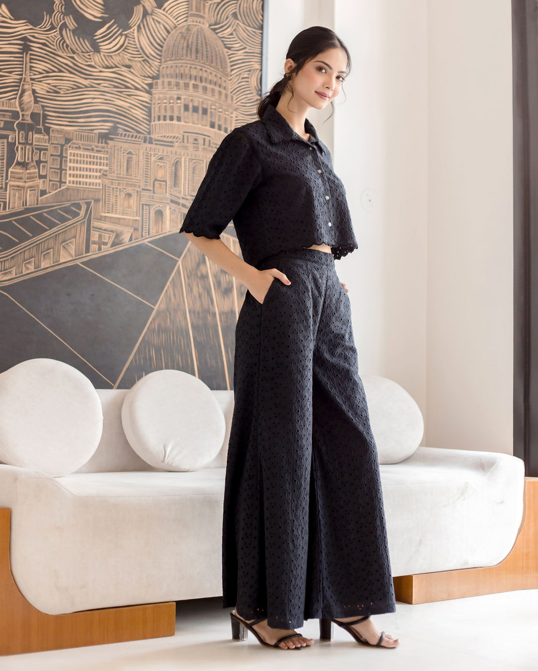 Susan Black Solid Cotton Schiffli Coord Set