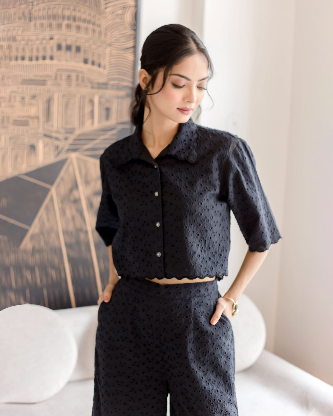 Susan Black Solid Cotton Schiffli Coord Set