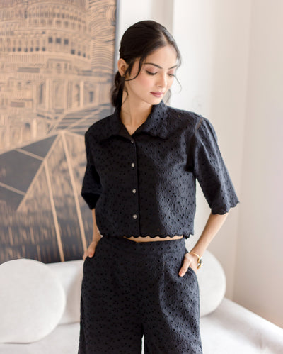 Susan Black Solid Cotton Schiffli Coord Set