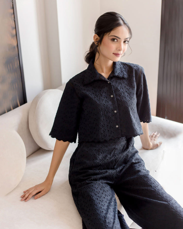 Susan Black Solid Cotton Schiffli Coord Set