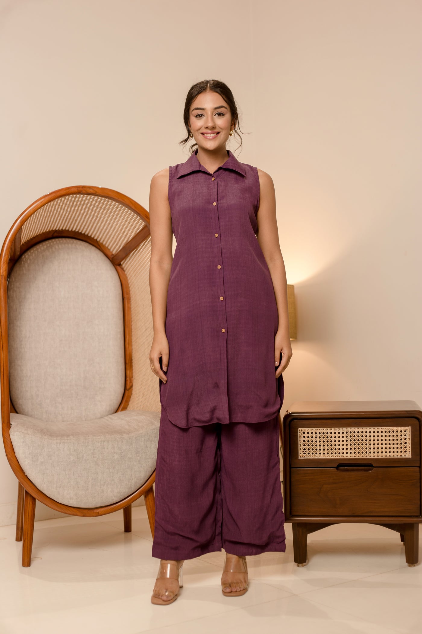 Diablo Purple Solid Moss Crepe Coord Set