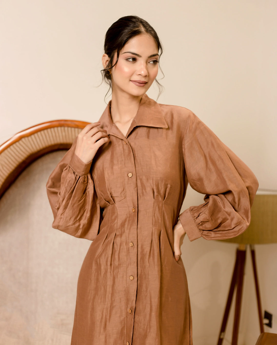 Supreme Brown Solid Linen Georgette Shirt Dress