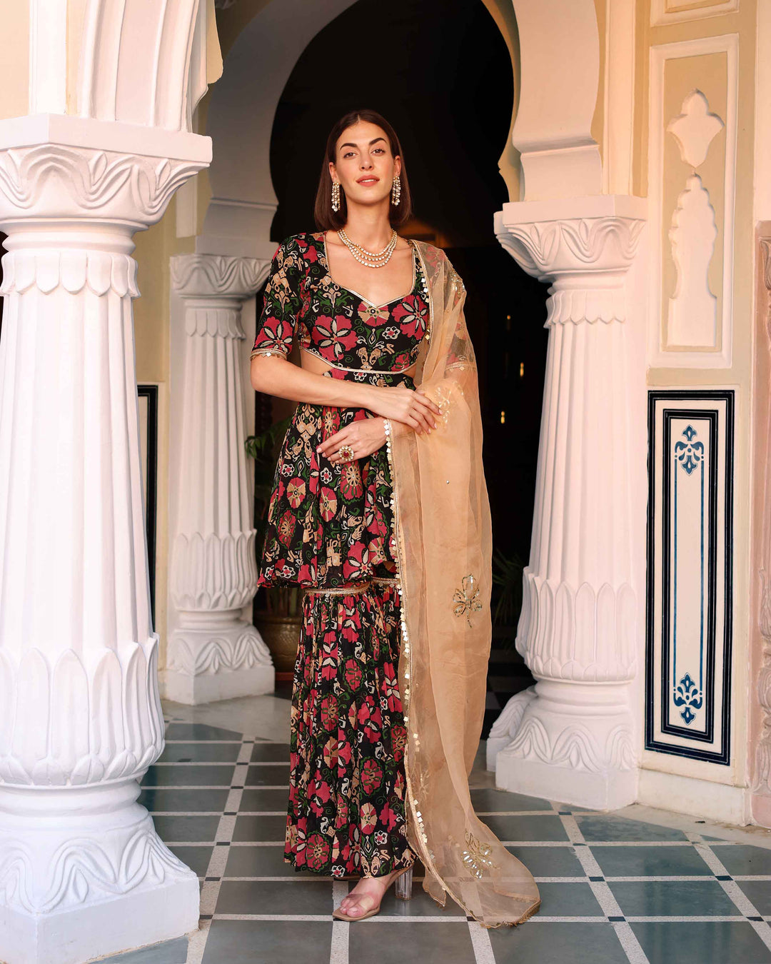 Black Orchid Bouquet Printed Chinon Sharara Set 