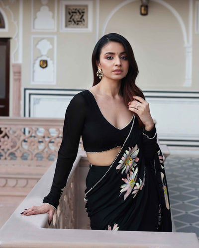 Kiyana Black Handpainted Chinon Pre Draped Saree