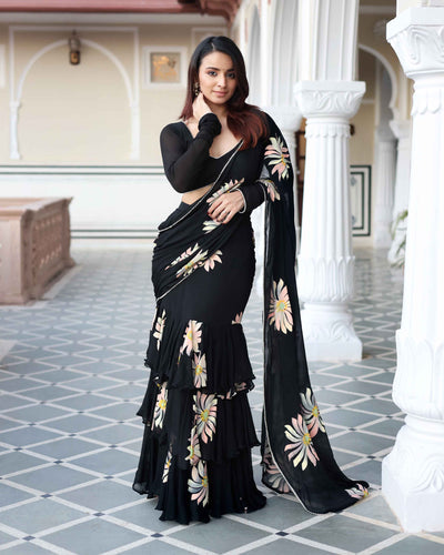 Kiyana Black Handpainted Chinon Pre Draped Saree