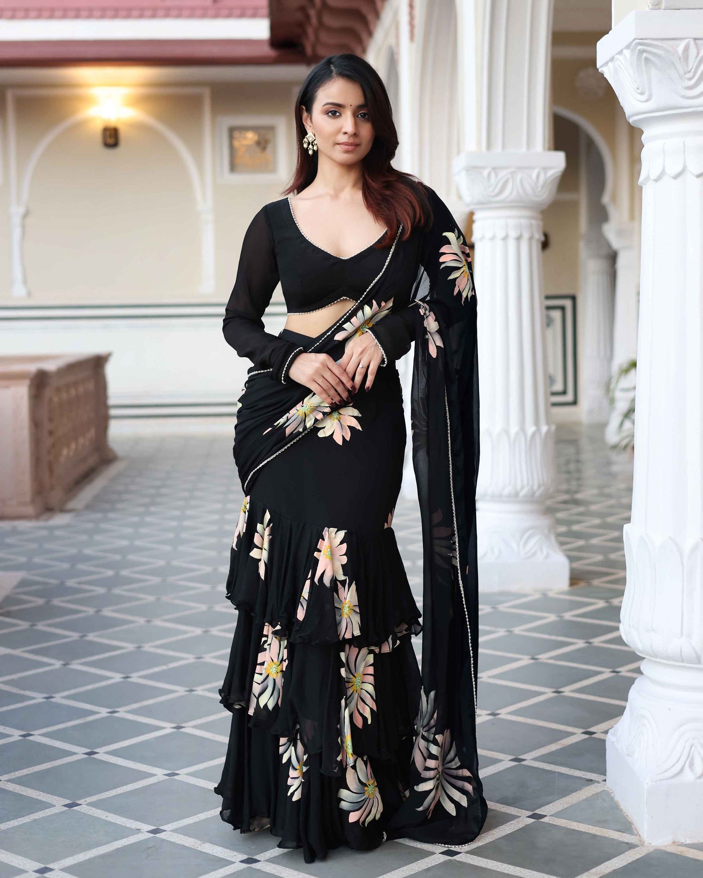 Kiyana Black Handpainted Chinon Pre Draped Saree