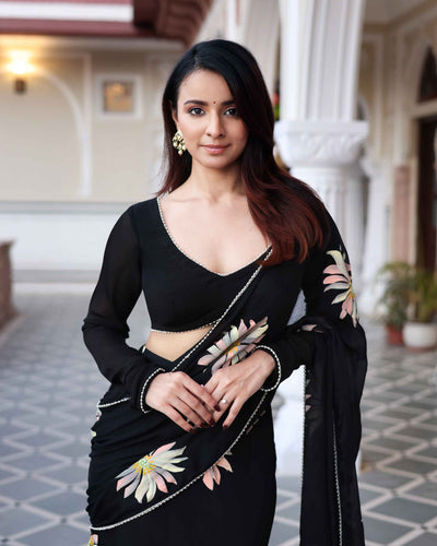 Kiyana Black Handpainted Chinon Pre Draped Saree