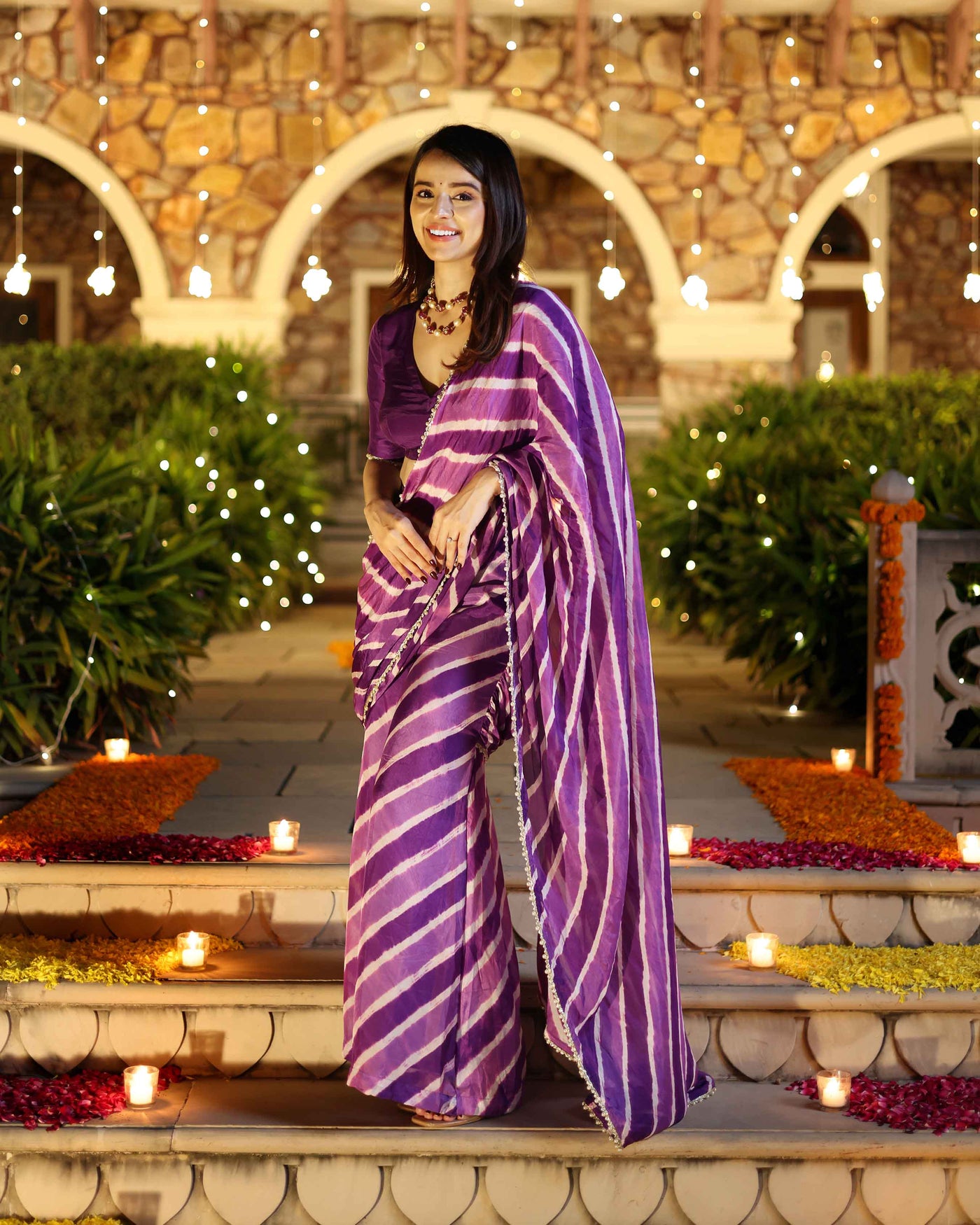 Kimaya Purple Leheriya Silk Pre Draped Saree