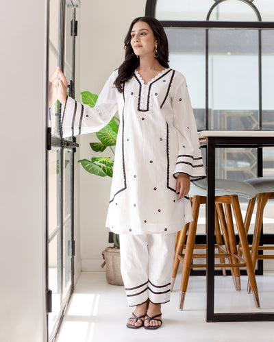 Daisy White Solid Cotton Dobby Coord Set