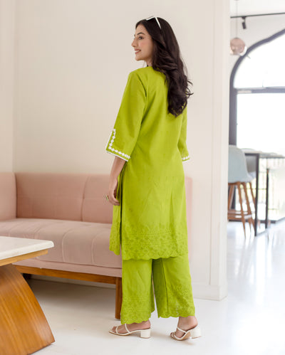 Zinnia Parrot Green Solid Cotton Schiffli Coord Set