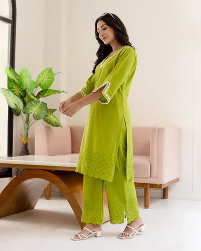 Zinnia Parrot Green Solid Cotton Schiffli Coord Set