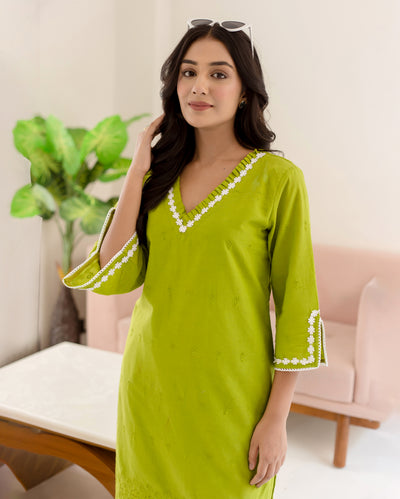 Zinnia Parrot Green Solid Cotton Schiffli Coord Set