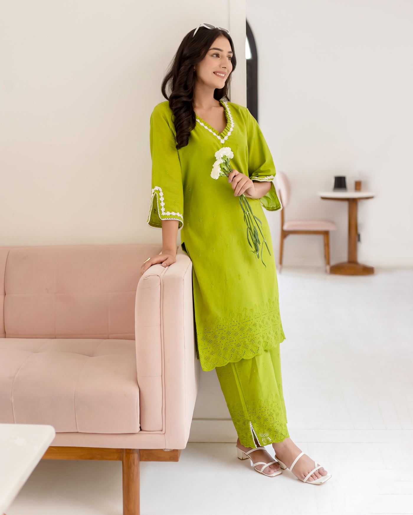 Zinnia Parrot Green Solid Cotton Schiffli Coord Set