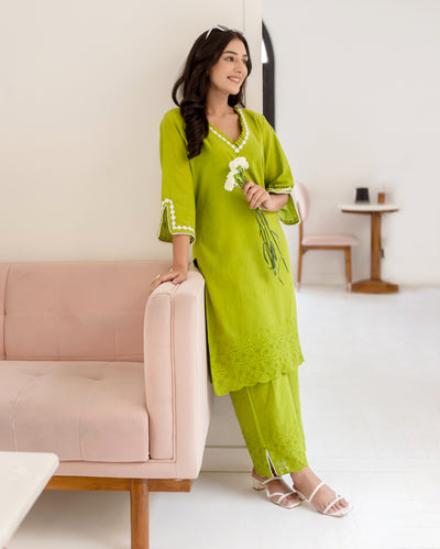Zinnia Parrot Green Solid Cotton Schiffli Coord Set