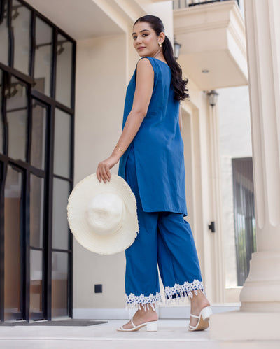 Cyan Blue Solid Cotton Coord Set