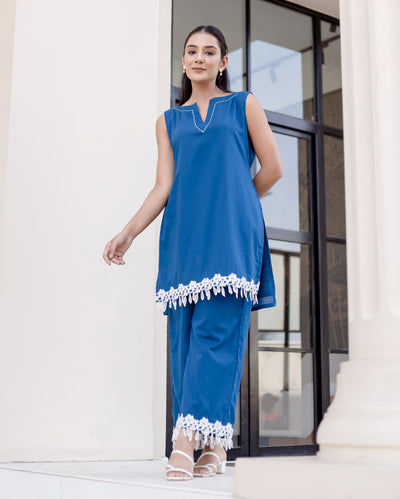 Cyan Blue Solid Cotton Coord Set
