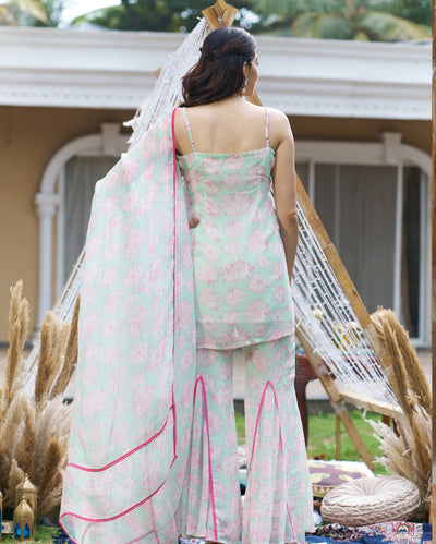 Kinaaz Sea Green Printed Georgette Sharara Set