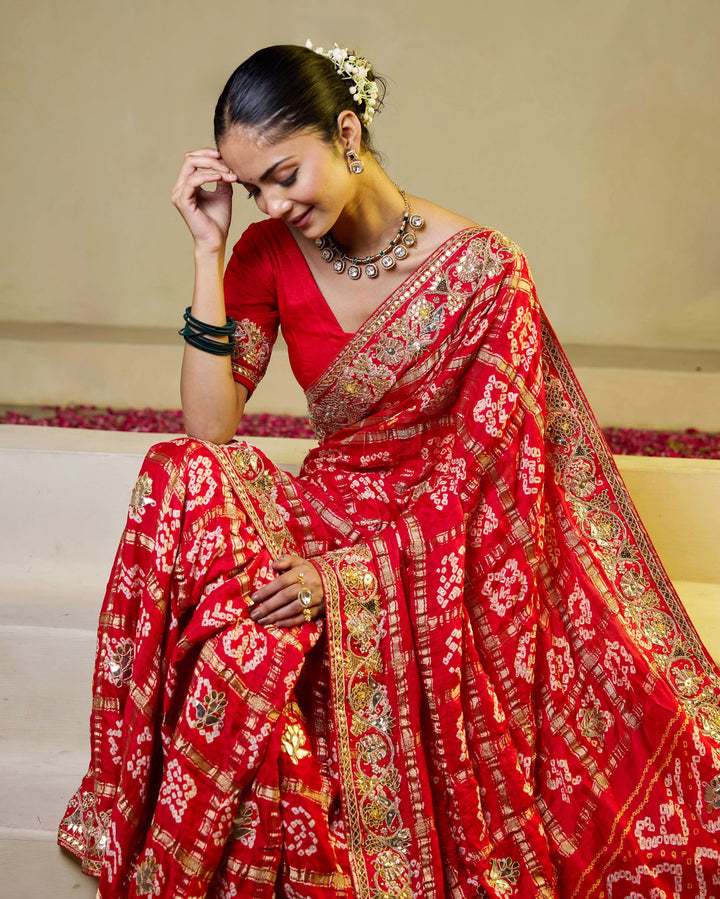 Divine Red Silk Bandhani Saree