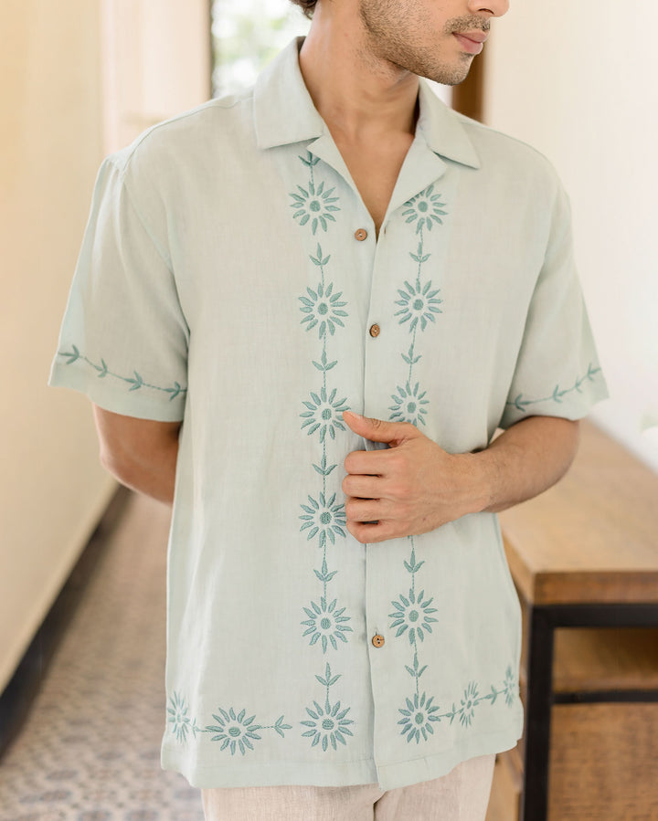 Drip Pastel Blue Embroidered Linen Shirt
