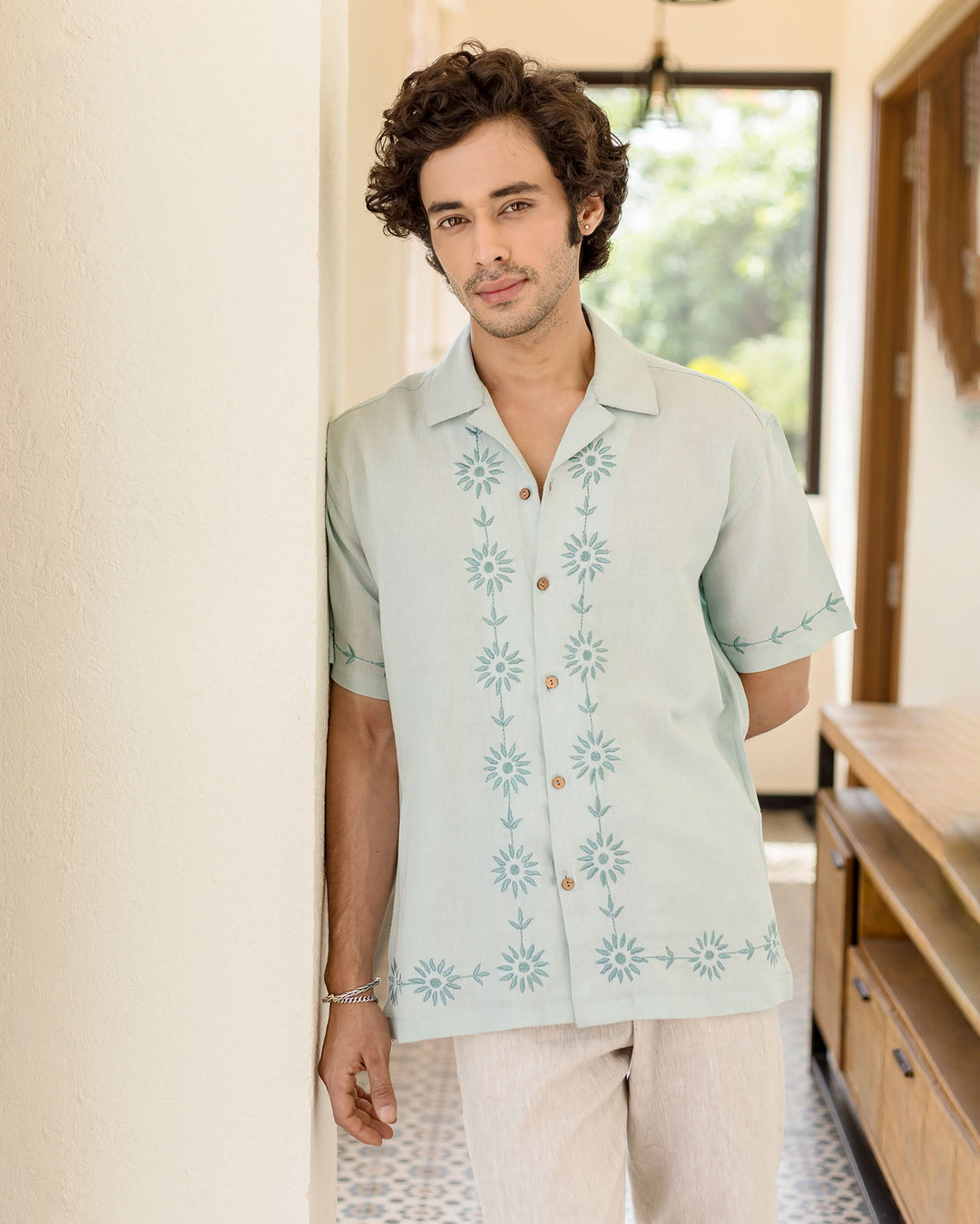 Drip Pastel Blue Embroidered Linen Shirt
