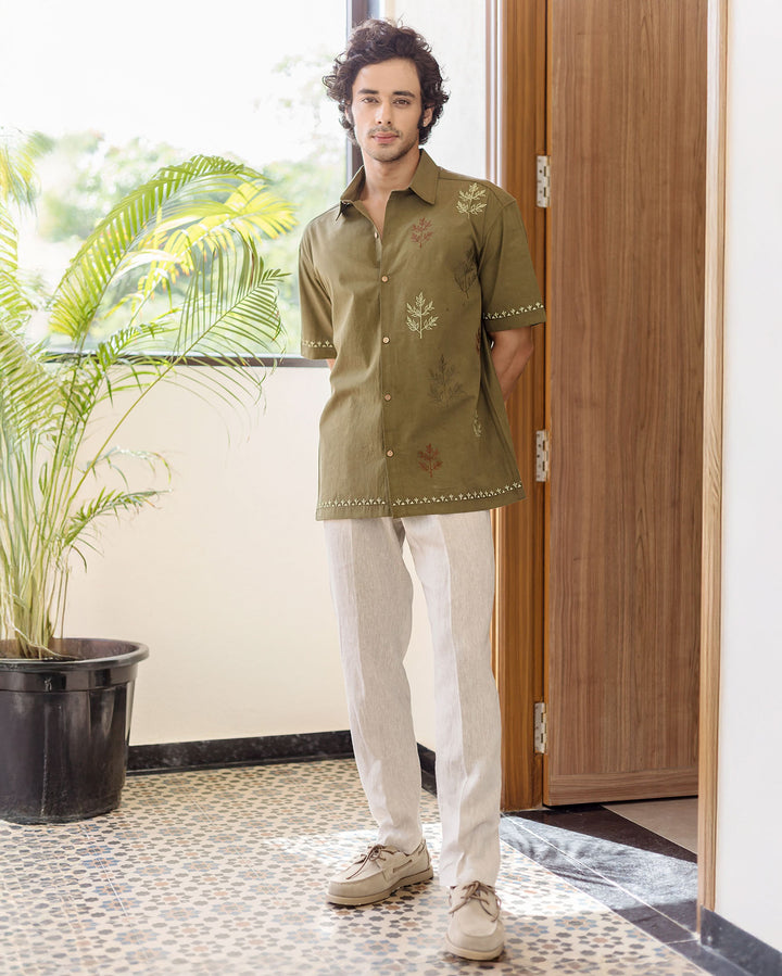 Dex Olive Embroidered Cotton Shirt