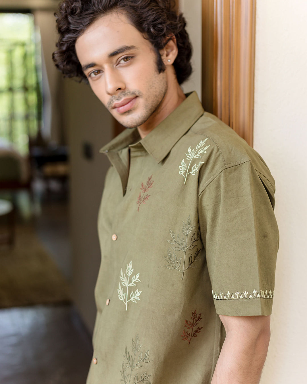 Dex Olive Embroidered Cotton Shirt