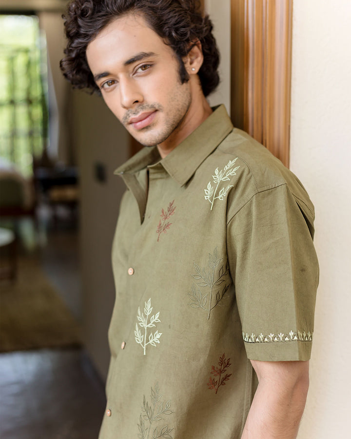 Dex Olive Embroidered Cotton Shirt