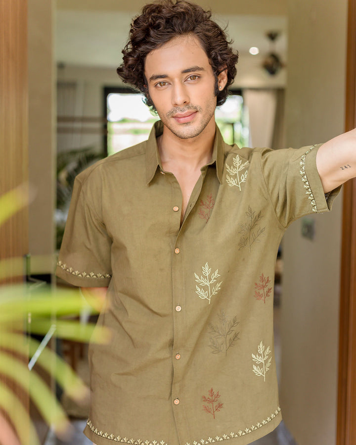 Dex Olive Embroidered Cotton Shirt