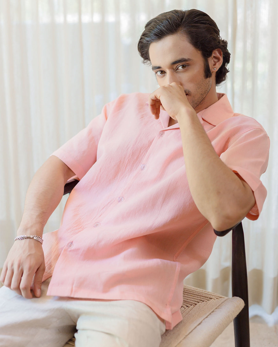 Coral Almond Peach Linen Solid Shirt