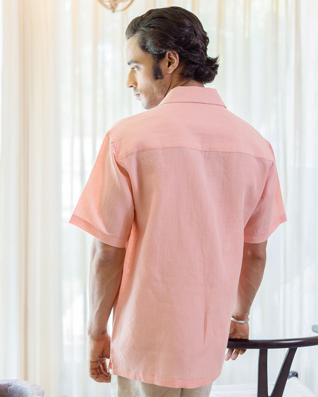 Coral Almond Peach Linen Solid Shirt