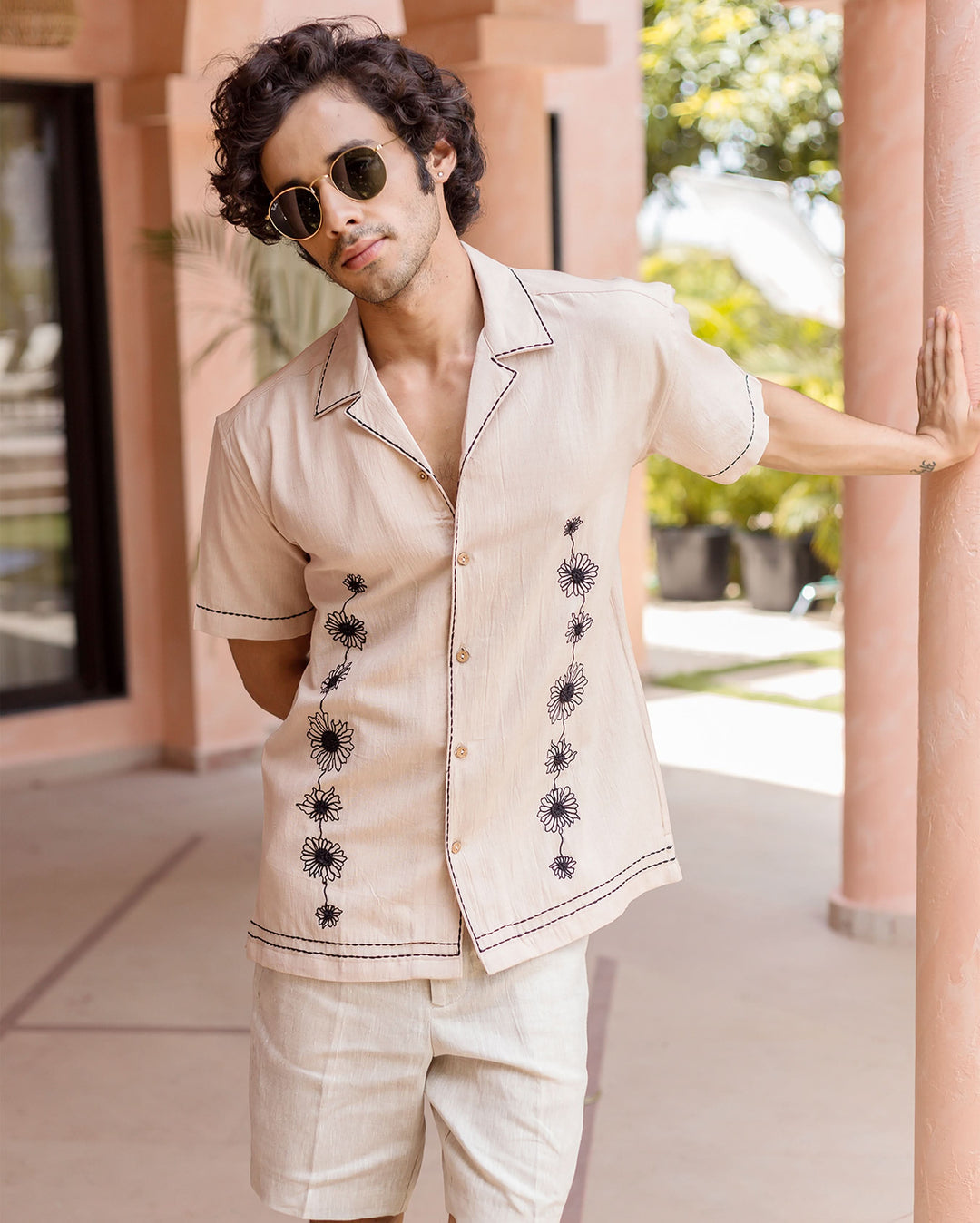 Eden Beige Embroidered Slub Shirt