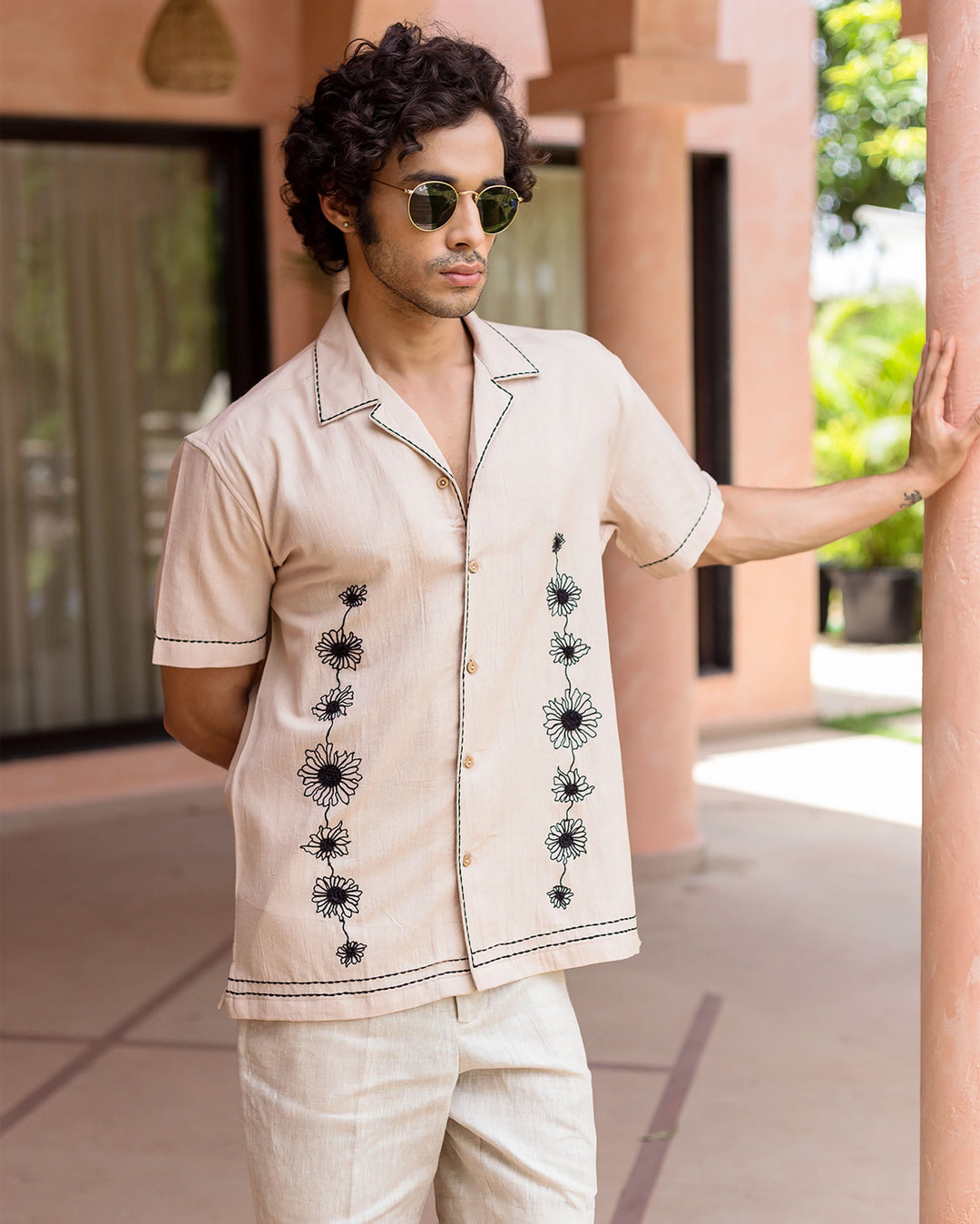 Eden Beige Embroidered Slub Shirt