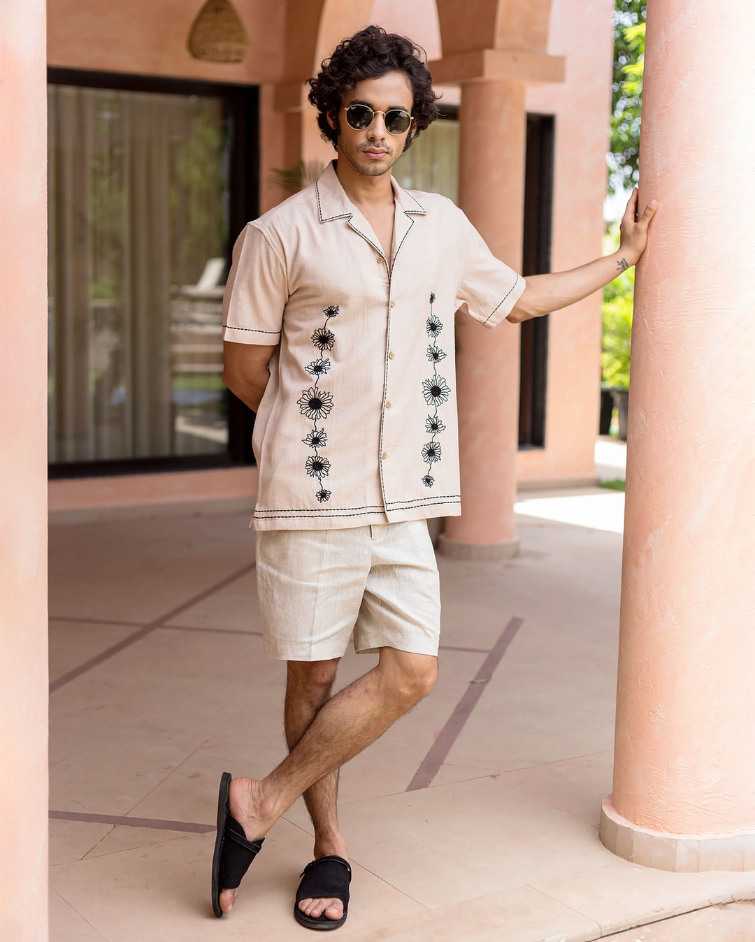 Eden Beige Embroidered Slub Shirt