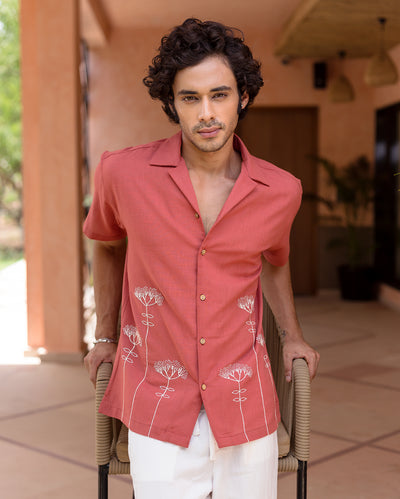 Brick Red Embroidered Slub Shirt