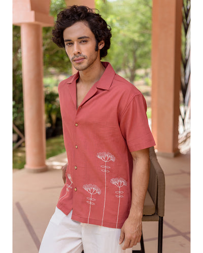 Brick Red Embroidered Slub Shirt