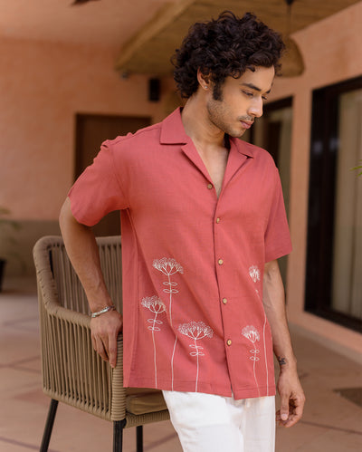 Brick Red Embroidered Slub Shirt