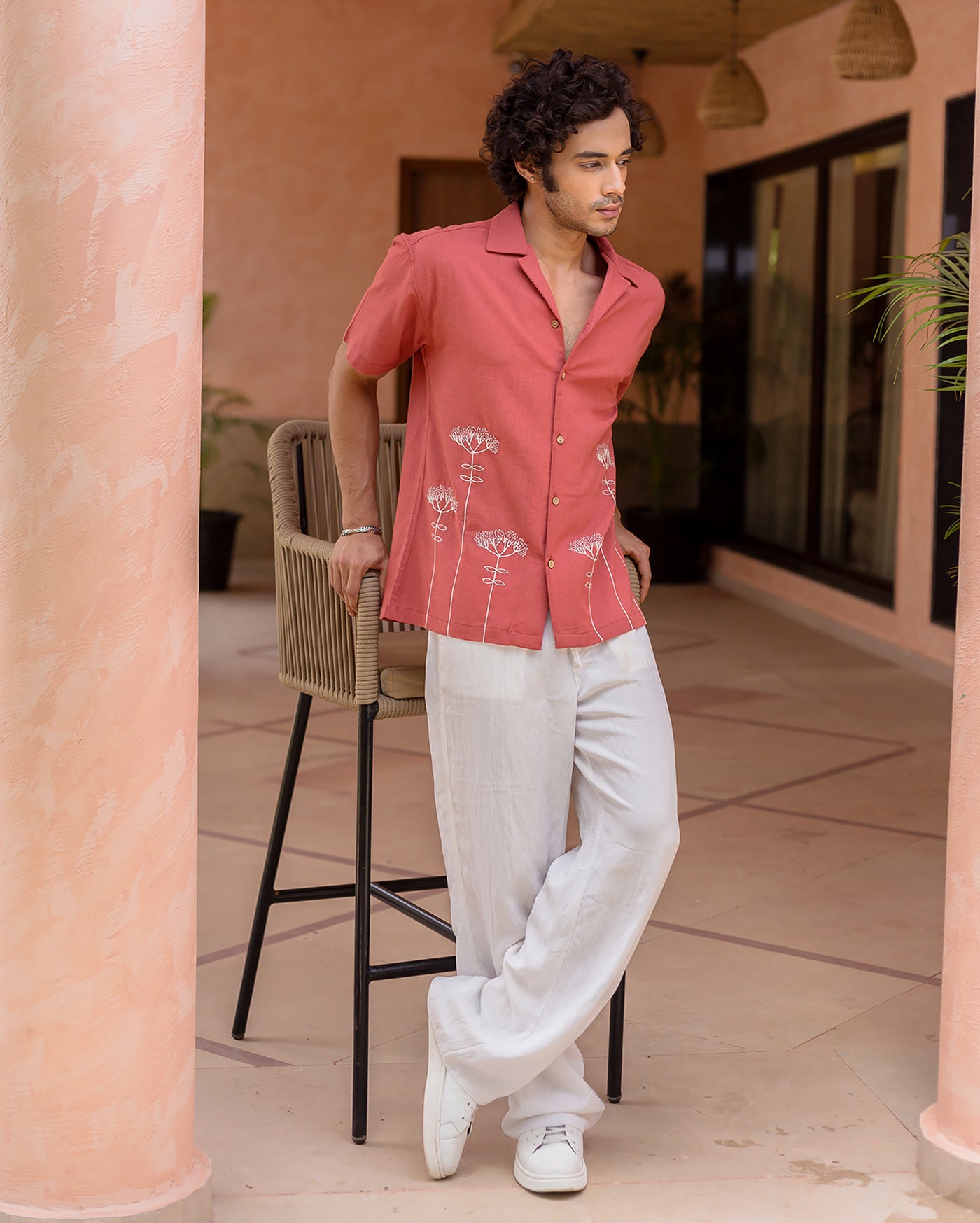 Brick Red Embroidered Slub Shirt