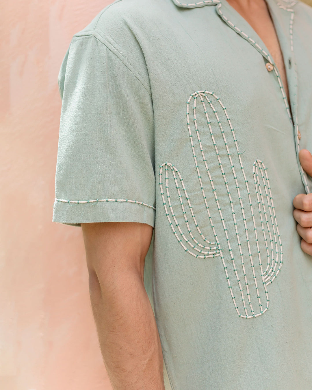 Kai Sage Green Embroidered Slub Shirt