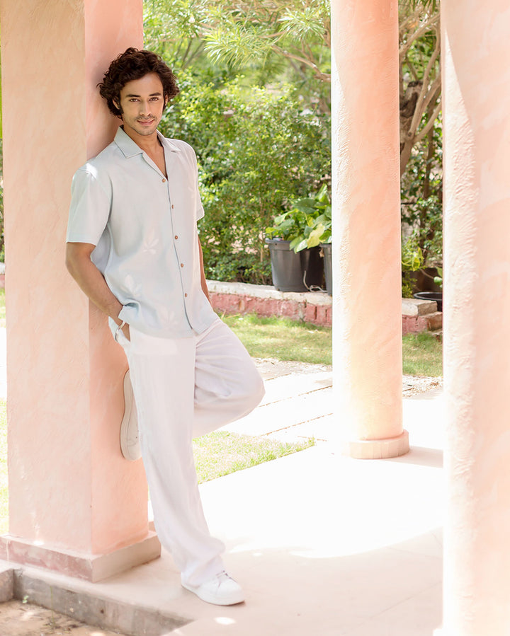 Niko Pastel Blue Embroidered Slub Shirt