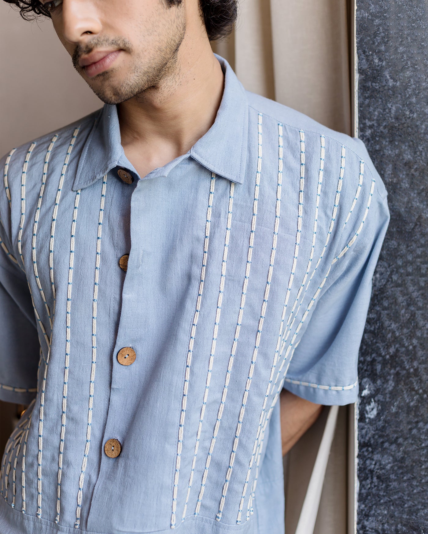 Tate Blue Embroidered Slub Shirt