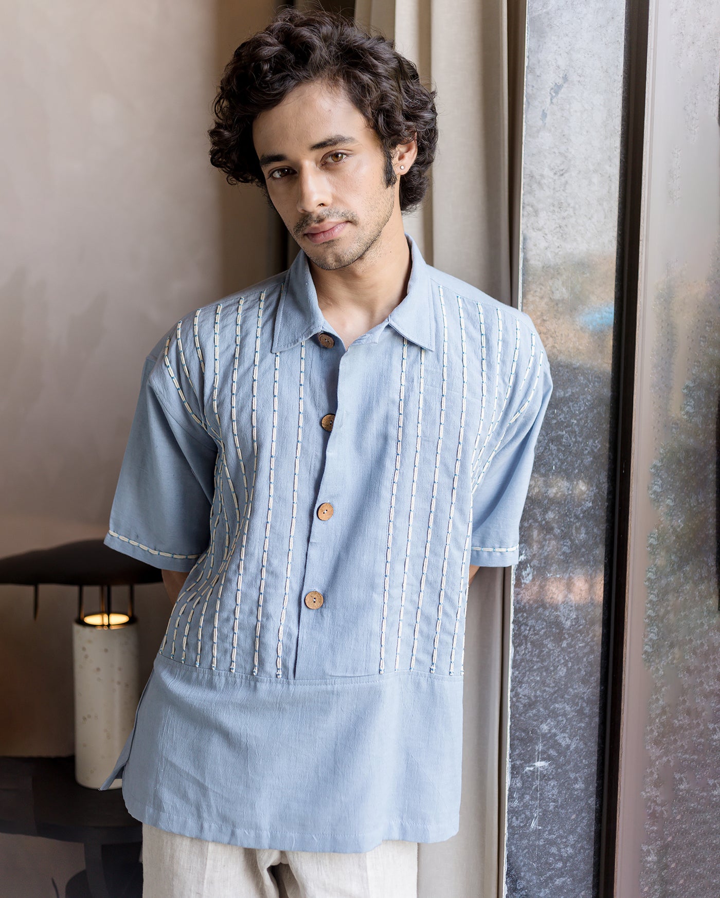Tate Blue Embroidered Slub Shirt