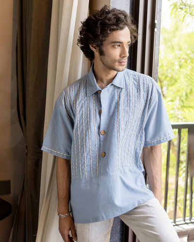 Tate Blue Embroidered Slub Shirt