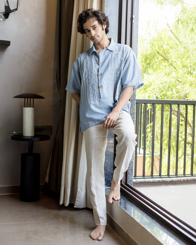 Tate Blue Embroidered Slub Shirt