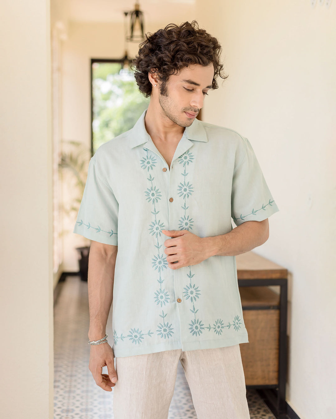 Drip Pastel Blue Embroidered Linen Shirt