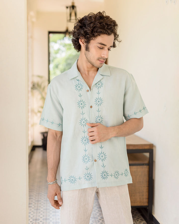 Drip Pastel Blue Embroidered Linen Shirt