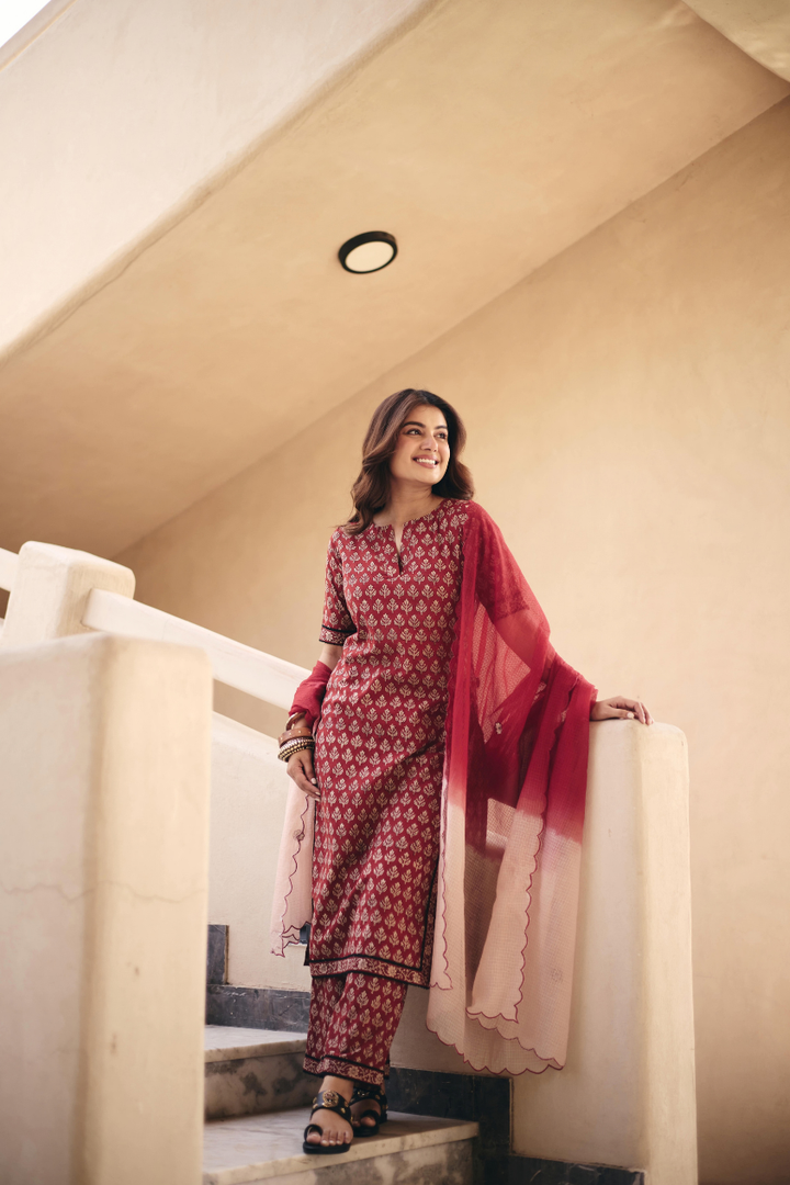 Grisha Maroon Cotton Printed Suit Set