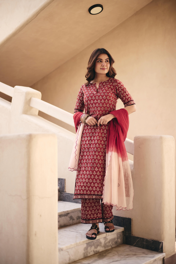 Grisha Maroon Cotton Printed Suit Set