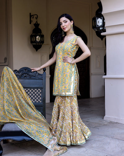 Designer Pakistani Suit Embroidered Faux Georgette in Yellow -
